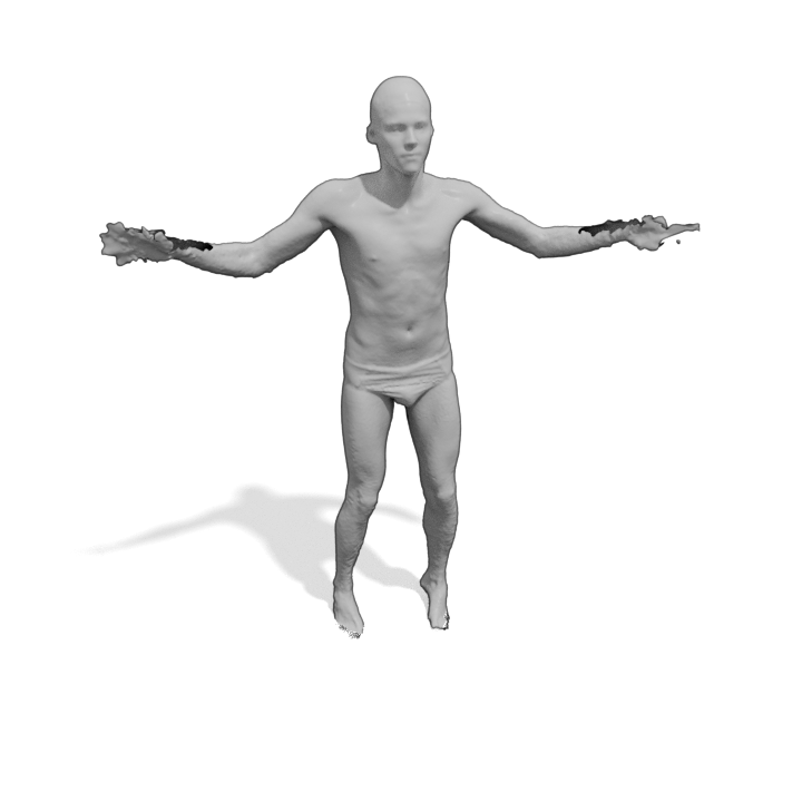 An input scan: a person standing with arms outstretched, reconstructed as a raw surface with ragged, incomplete hands.
