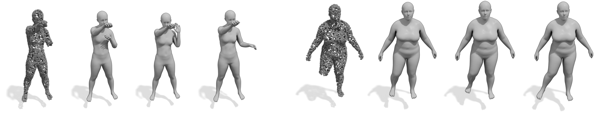 Two partial-scan examples, each shown as an input point cloud followed by three registrations sampled from the same model. The completions of the unobserved region differ between samples while the observed parts stay consistent.